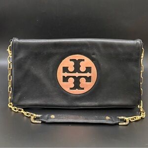 TORY BURCH Reva Black Leather Fold-over Chain Strap Clutch Shoulder Bag